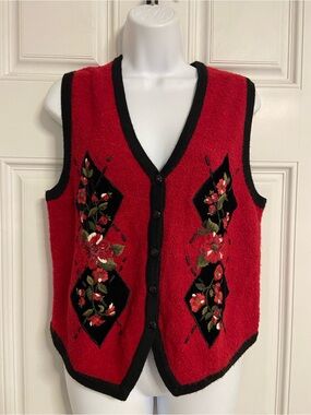 T41- KORET PETITES Vintage WOOL Teddy-Cloth Knit Floral Embroidered Vest Top